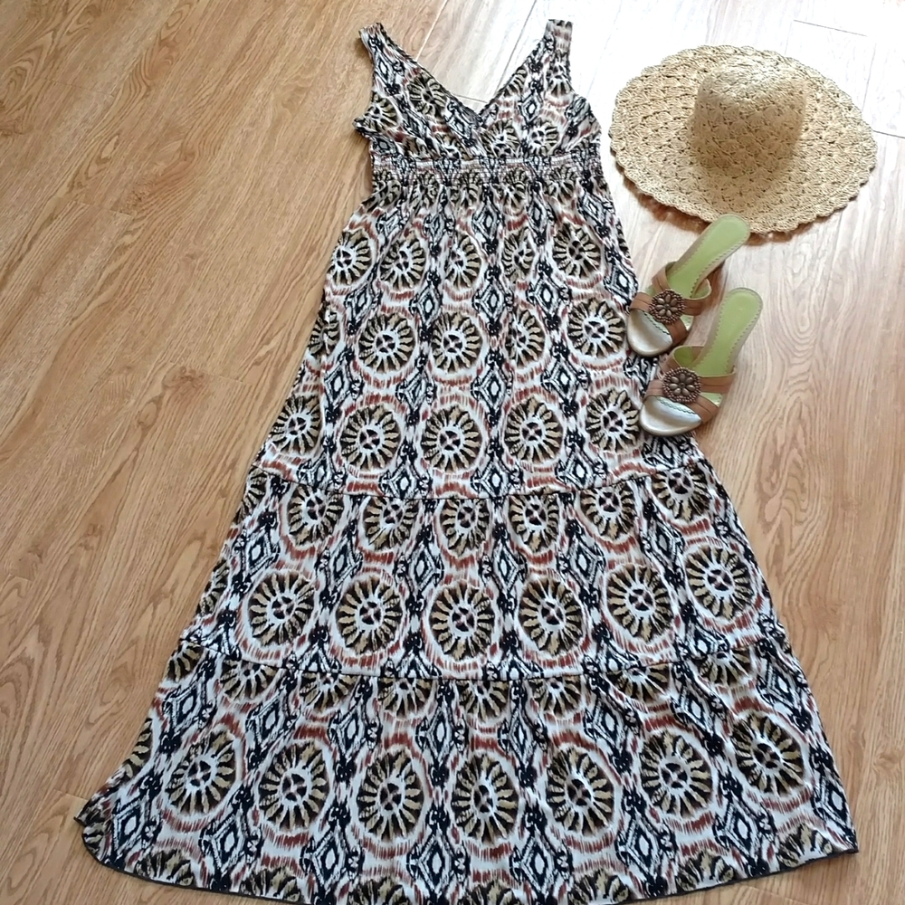 AGB - Tropical Print Maxi Dress - Tan & Black - Large